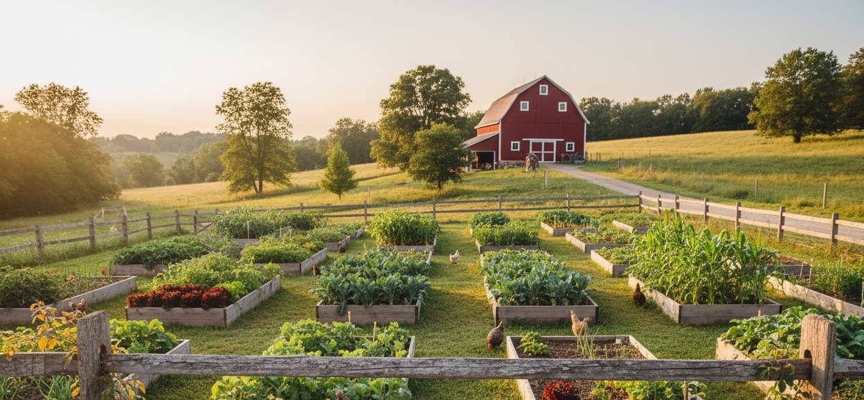 Vegetable garden with wooden beds in a field, red barn in the background